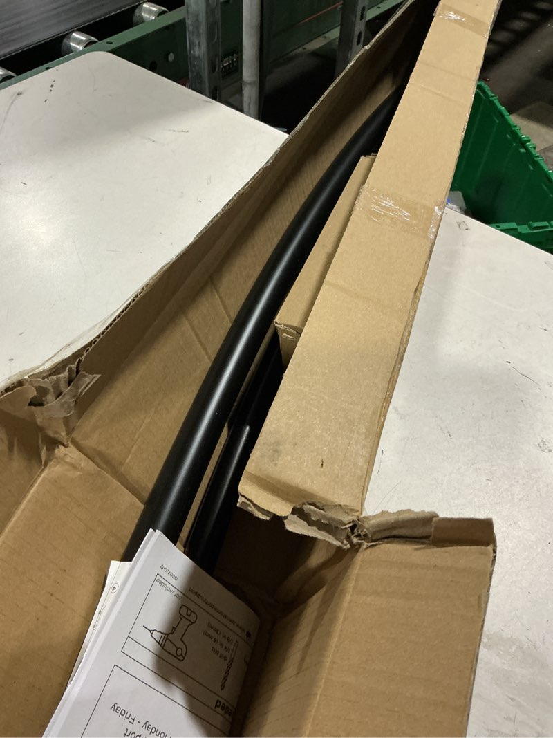 Condition photo showing As Is for zenna home matte black, curved shower curtain rod, tension or permanent mount, easy install, rounded for extra room, 50 to 72 inches