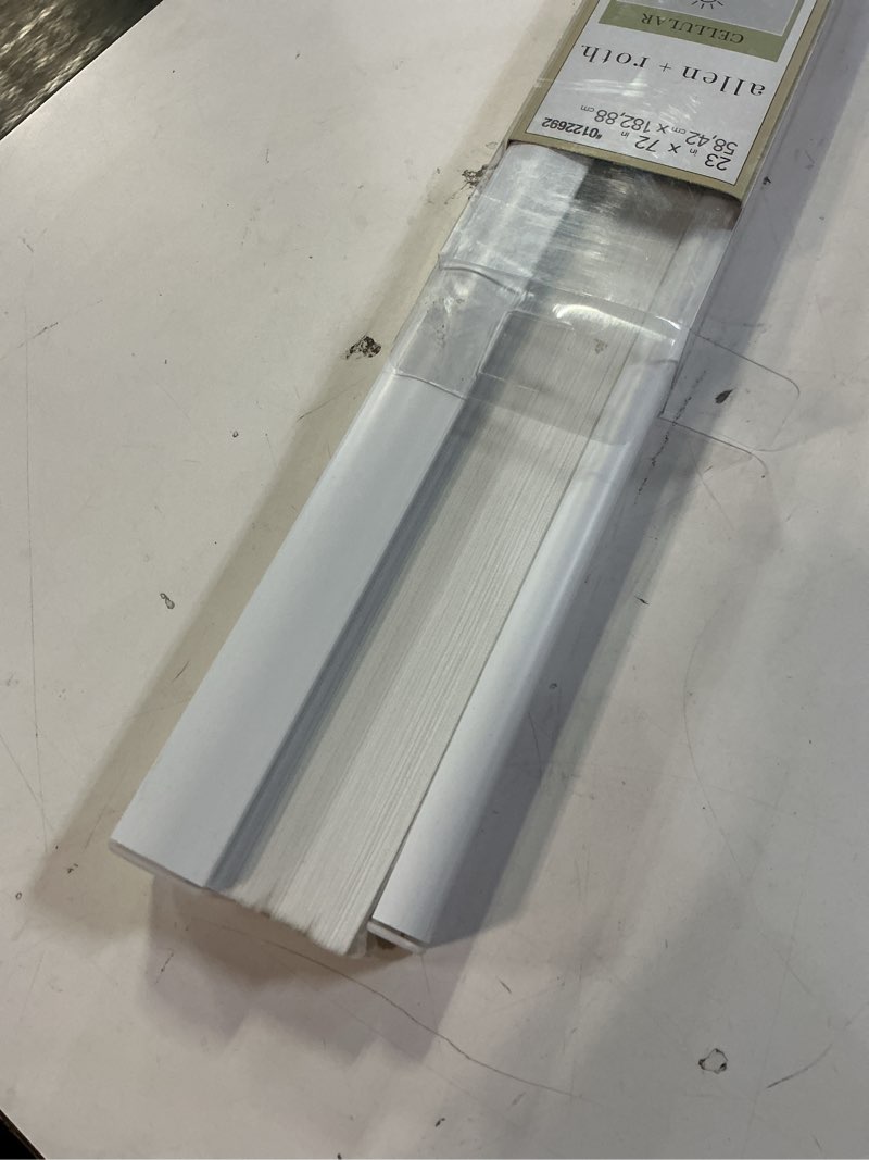 Condition photo showing As Is for allen + roth 23-in x 72-in white light filtering cordless cellular shade