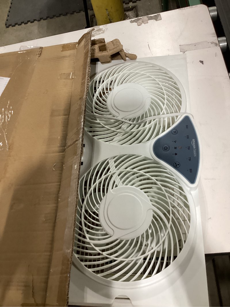 Condition photo showing Good Condition for Amazon Basics Window Fans for Home Bedroom, Twin Heads, Cooling Airflow, Exhaust, Expandable Side Panel Digital Control, 3 Speeds, 78W, 9 inch, White