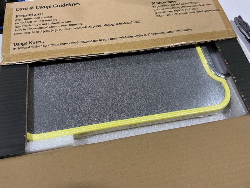 Condition photo showing New/Like New for Titanium Cutting Board for Kitchen, Cutting Boards Non Toxic Double Sided Metal Pure Titanium and Wheat Straw PP Chopping Board Food Grade Easy to Clean Large Size 16"*10"*0.9"(Yellow)