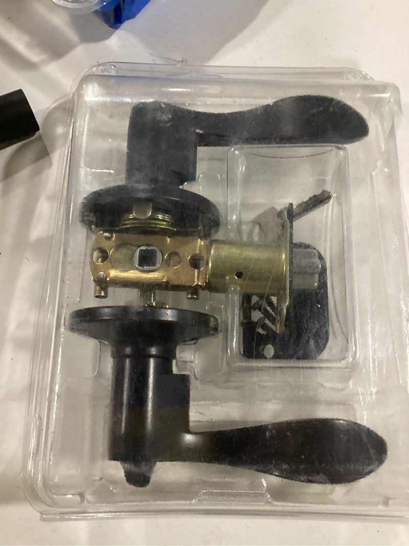 Condition photo showing As Is for lever door lock entry keyed cylinder wave handle with keys oil-rub bronze finish kw lh