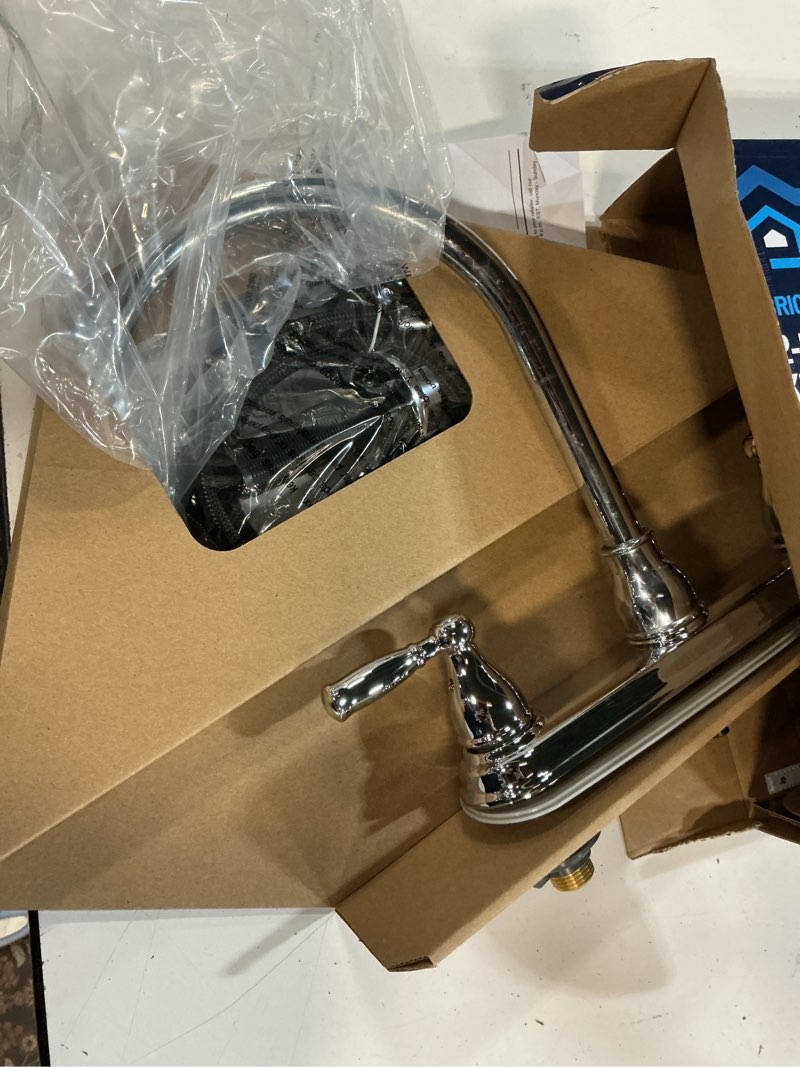 Condition photo showing Good Condition for project source brice polished chrome double handle deck-mount kitchen faucet ( deck plate included ) ( side sprayer included )