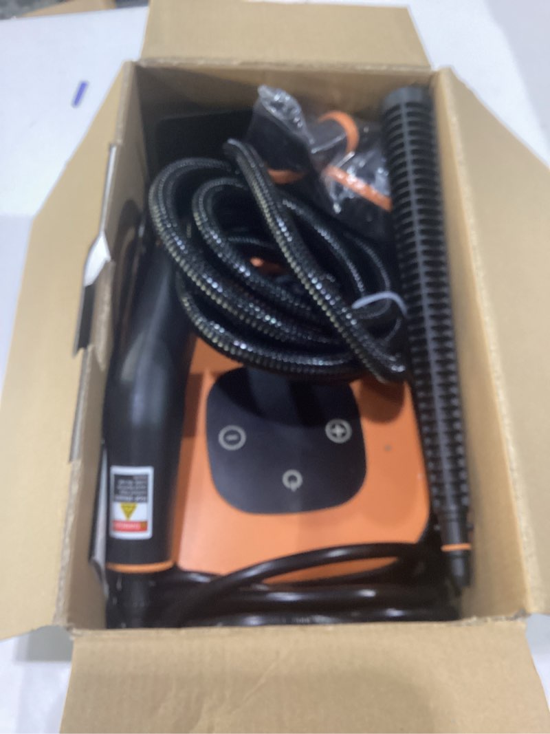 Condition photo showing Good Condition for steam cleaner, portable steamer for cleaning with 16pcs accessories, 6-level adjustable and 15s heat-up, handheld steam cleaner for home, tile, dirt, grout, grease, car detailing orange