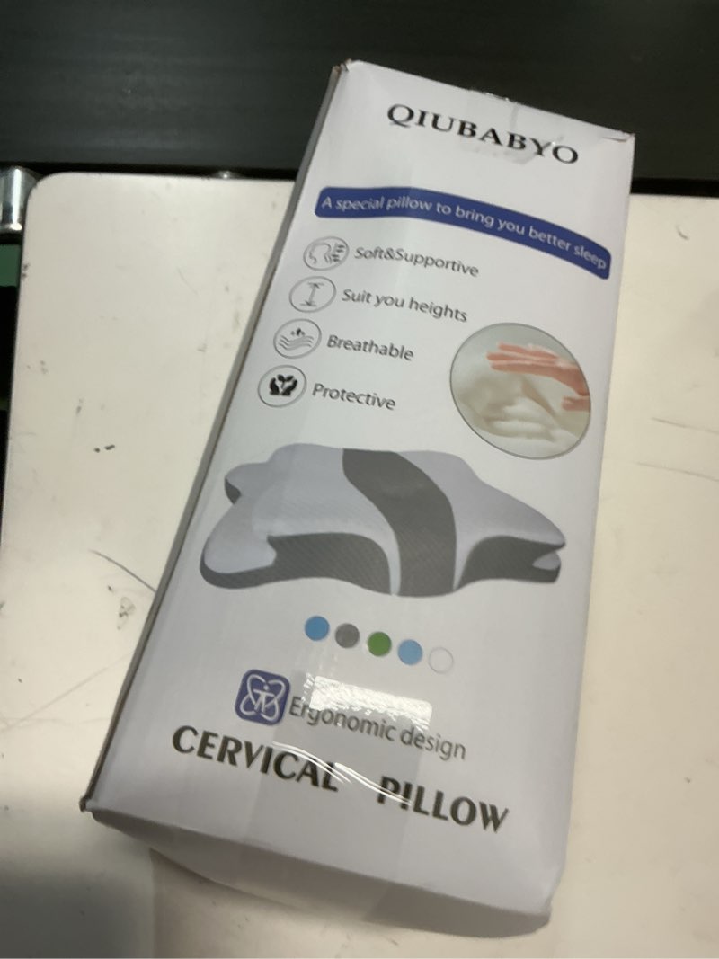 Condition photo showing New/Like New for effective pain relief cervical neck pillow for sleeping, memory foam pillows for neck support, odorless contour side pillow, ergonomic bed pillow for back stomach sleeper (grey and white)