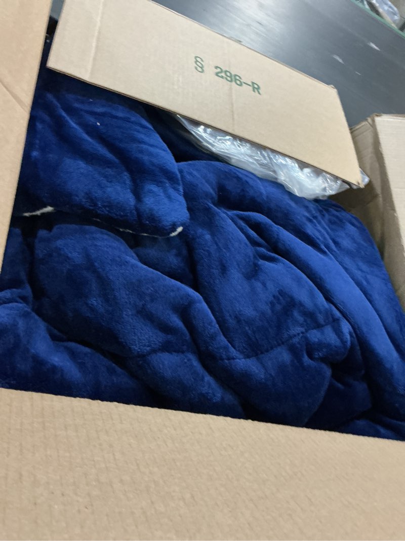 Condition photo showing As Is for amazon basics 3-piece ultra-soft micromink sherpa comforter bedding set, warm all season, machine washable, full/queen, navy blue navy blue full/queen