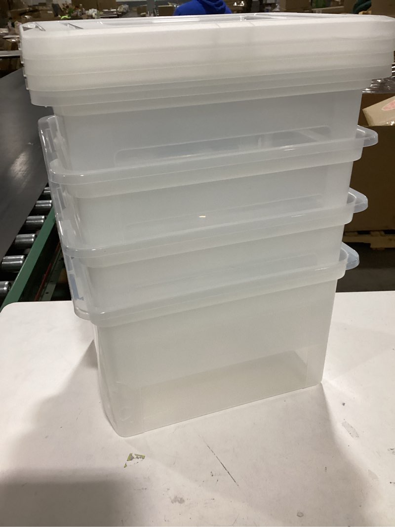Condition photo showing As Is for IRIS USA File Box File Organizer w/ Hinged Split Latching Lid for Letter/Legal File, Water Resistant Document Box, BPA-Free, Plastic Storage Bin Tote Organizer, Stackable, Nestable, Clear 44 Qt. 5Pack Wing Lid - 5 Pack