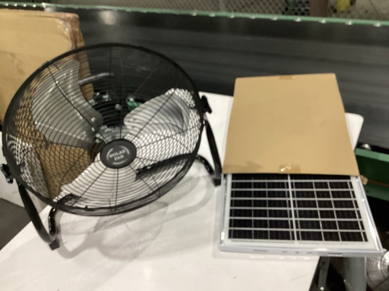 Condition photo showing New/Like New for dbf 18" solar powered fan outdoor - rechargeable long lasting battery cordless floor fan with 30w solar panel & ac charging, high velocity metal industrial portable fans for outside home camping rv 18in