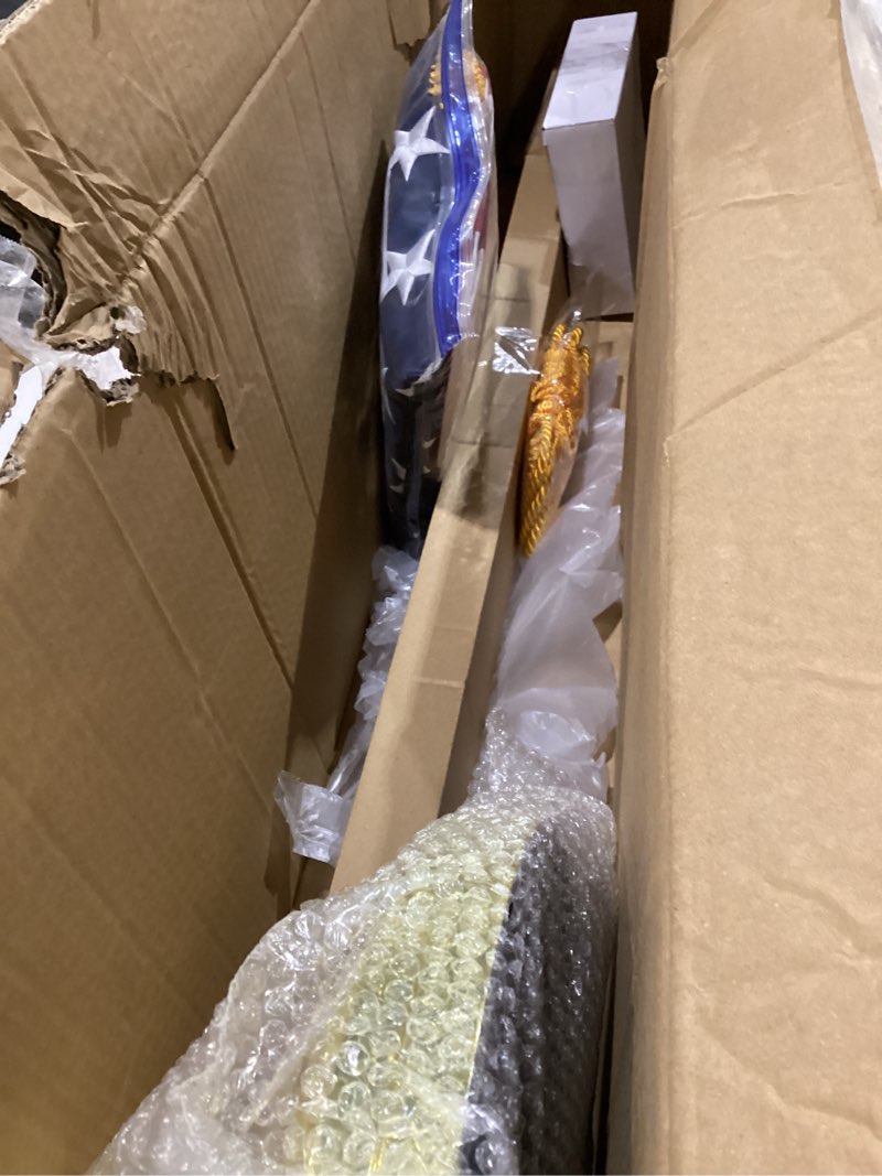 Condition photo showing New/Like New for XIFAN Deluxe 8 FT Indoor American Flag and Pole Set - Solid Oak Pole, Metal Eagle Topper, Gold Fringed US Flag, Base Stand, Cord Tassel, for Lobby, Office, Auditorium, Conference Room - 8.6 FT Total 8FT