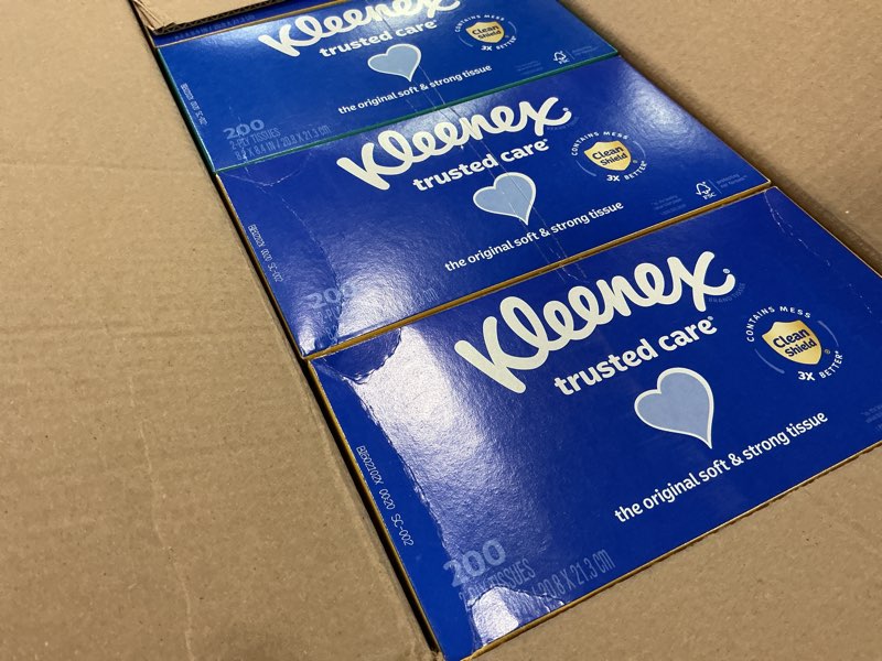 Condition photo showing Good Condition for kleenex trusted care facial tissues, 8 flat boxes, 200 tissues per box, 2-ply, packaging may vary white 200 tissues (pack of 8)