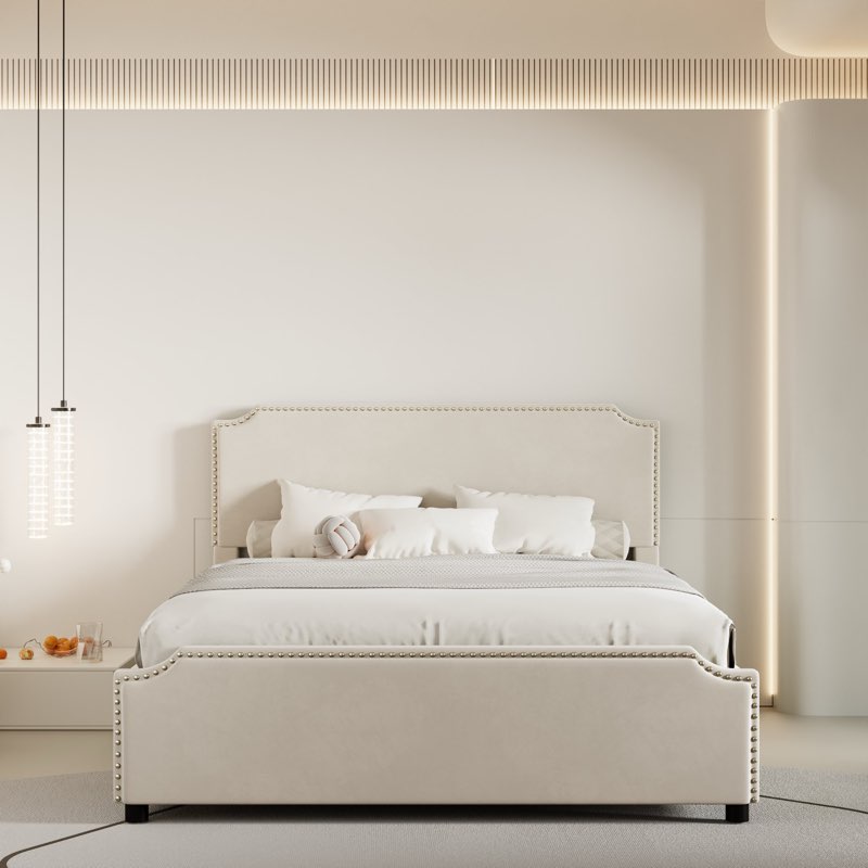 Nayard Velvet Platform Storage Queen Bed with Rivet Design with 4 Drawers(incomplete box 2/2)
