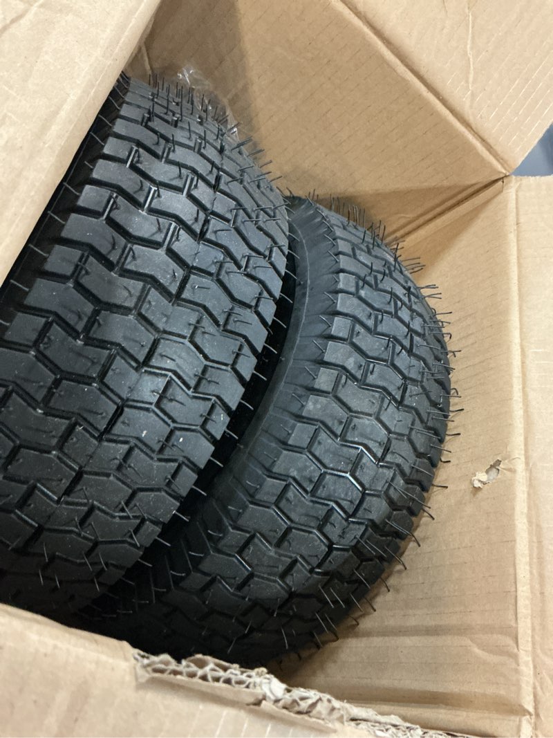 Condition photo showing Good Condition for 13x5.00-6 tire and wheel, set of 2 rubber pneumatic riding lawn mower tires, heavy duty lawn mower wheels with 3/4" bushings and 6.6" centered hub, tractor & lawnmower tires