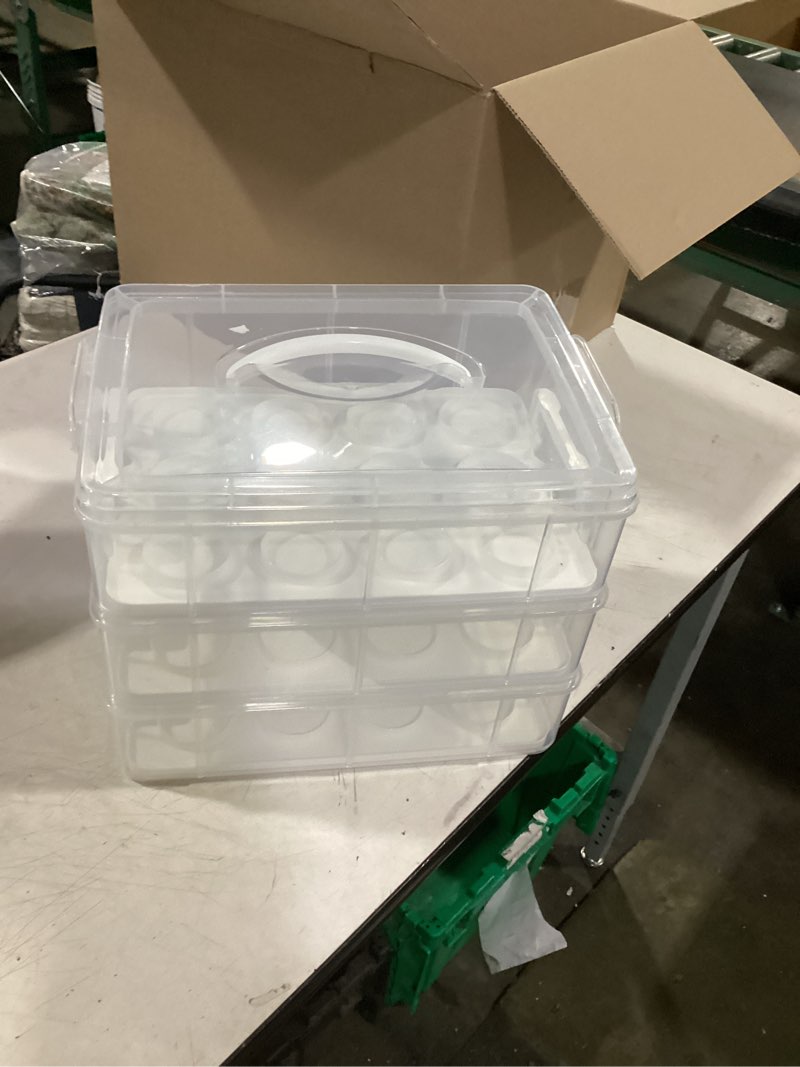 Condition photo showing Good Condition for sherfire 3-tier cupcake & cake carrier, holds 36 cupcakes or 3 cakes | clear plastic carrier with lid and handle; use 1, 2 or 3 tiers; secure locking side latches; includes food spatula