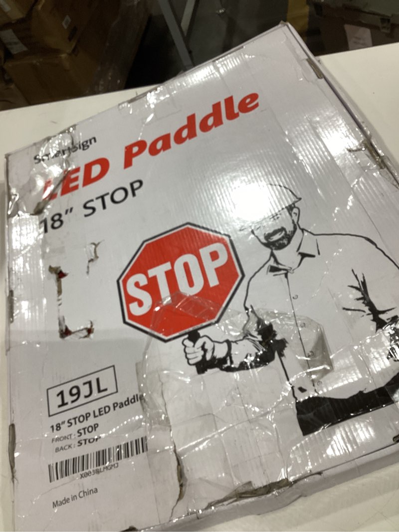 Condition photo showing As Is for smartsign led stop paddle - reflective hand held stop sign with handle, 18" double-sided, steady/flashing led light modes, rechargeable, foam-padded grip, red, pack of 1 18" x 18"