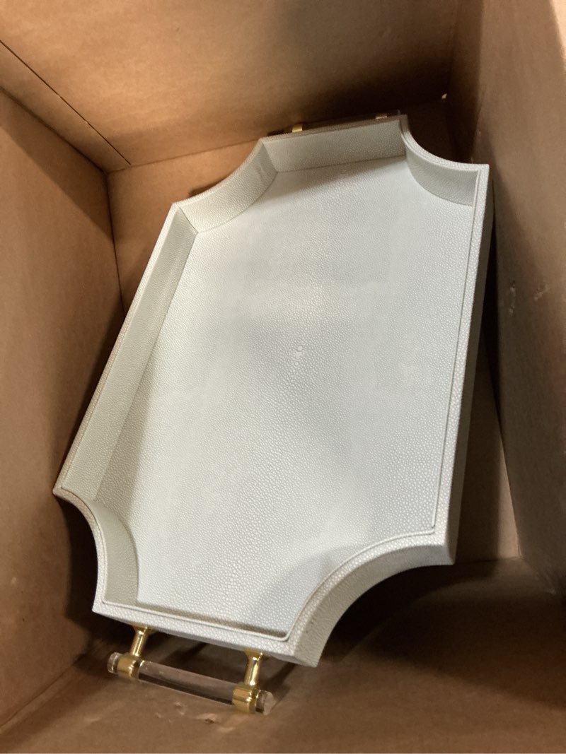 Condition photo showing Good Condition for 2 Pack Large Ottoman Tray Shagreen Decorative Tray Serving Tray with Acrylic Gold Handles, Ice Blue Vegan Leather Coffee Table Tray for All Occations Home Decor Ice Blue 2 Pack, L(19.7" x 12" x 2") M(17.7" x 10.2" x 2")