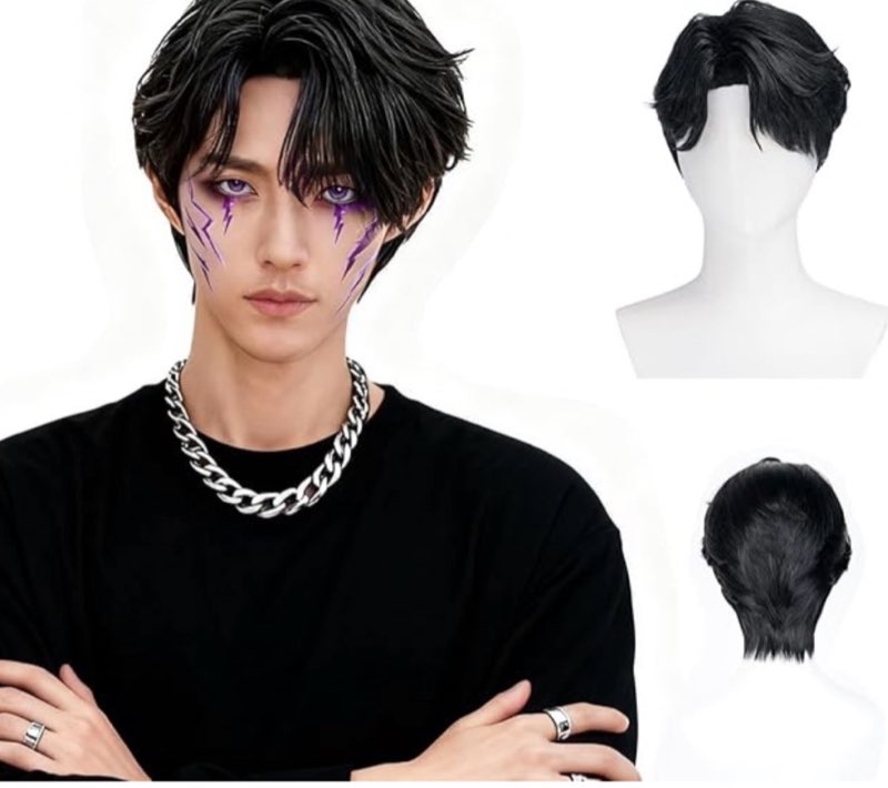 QACCF Short Layered Synthetic Fiber Mens Halloween Pelucas Chostume Cosplay Wig (black