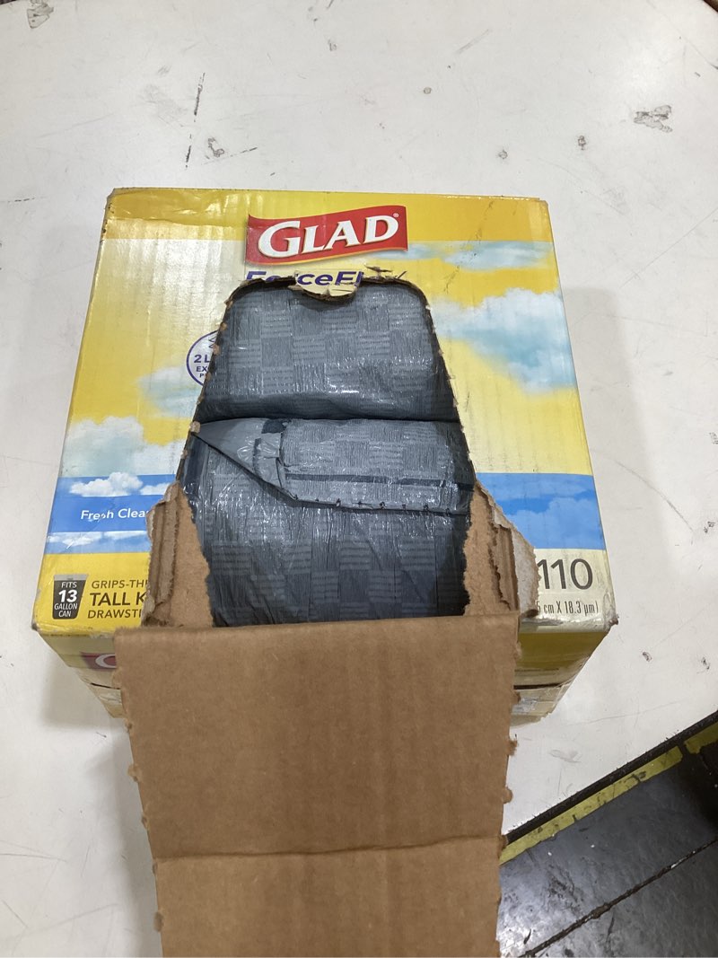 Condition photo showing As Is for glad trash bags, forceflex tall kitchen drawstring garbage bags, 13 gal, fresh clean scent with febreze, 110 ct