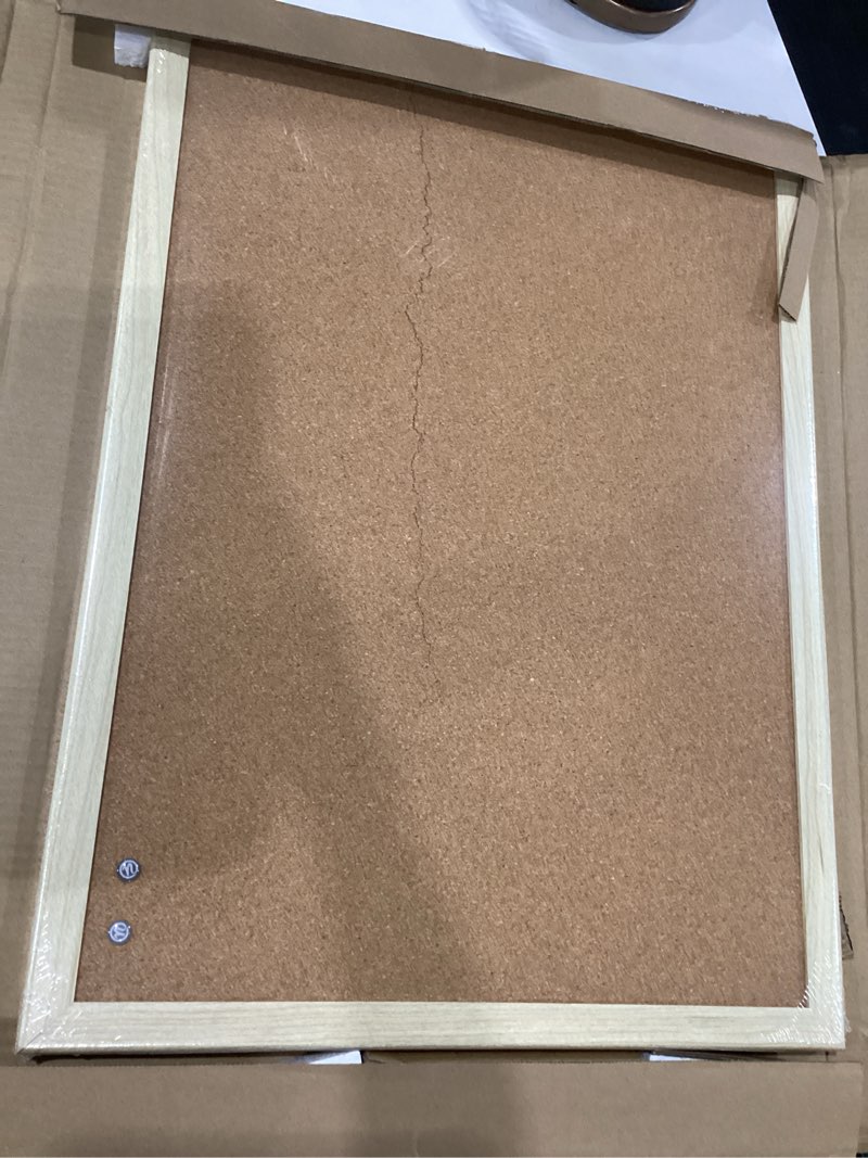 Condition photo showing As Is for u brands cork bulletin board, 18\" x 24\" inches, light birch wood frame (265u00-01) cork board, cracked