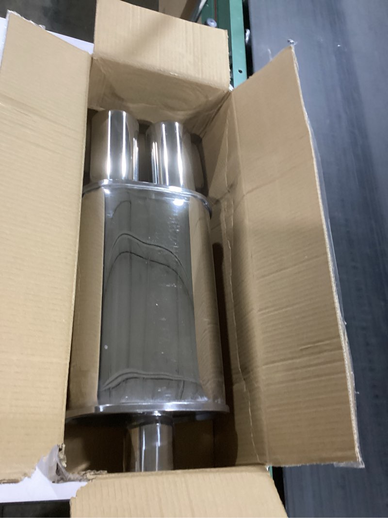 Condition photo showing Good Condition for Vechkom Exhaust Muffler Y Pipe 2.5" (63MM) Single Inlet/ 3" (73MM) Dual Outlet Silver Stainless Steel Car Silencer 11.8 Inch (300MM) Oval Body Length Exhaust Back Box Twin Tips Welded Turbo Muffler 2.5 inlet/63mm Single inlet to Dual outlet