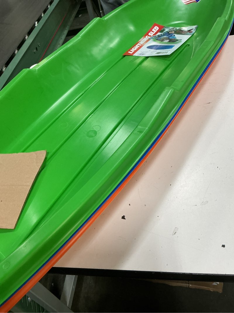 Condition photo showing Good Condition for flexible flyer winter lightning snow sleds for kids and adults (3-pack) - 48 inch toboggan style plastic sled with hard bottom for fast, smooth rides - 1 or 2 riders (blue, green, orange)