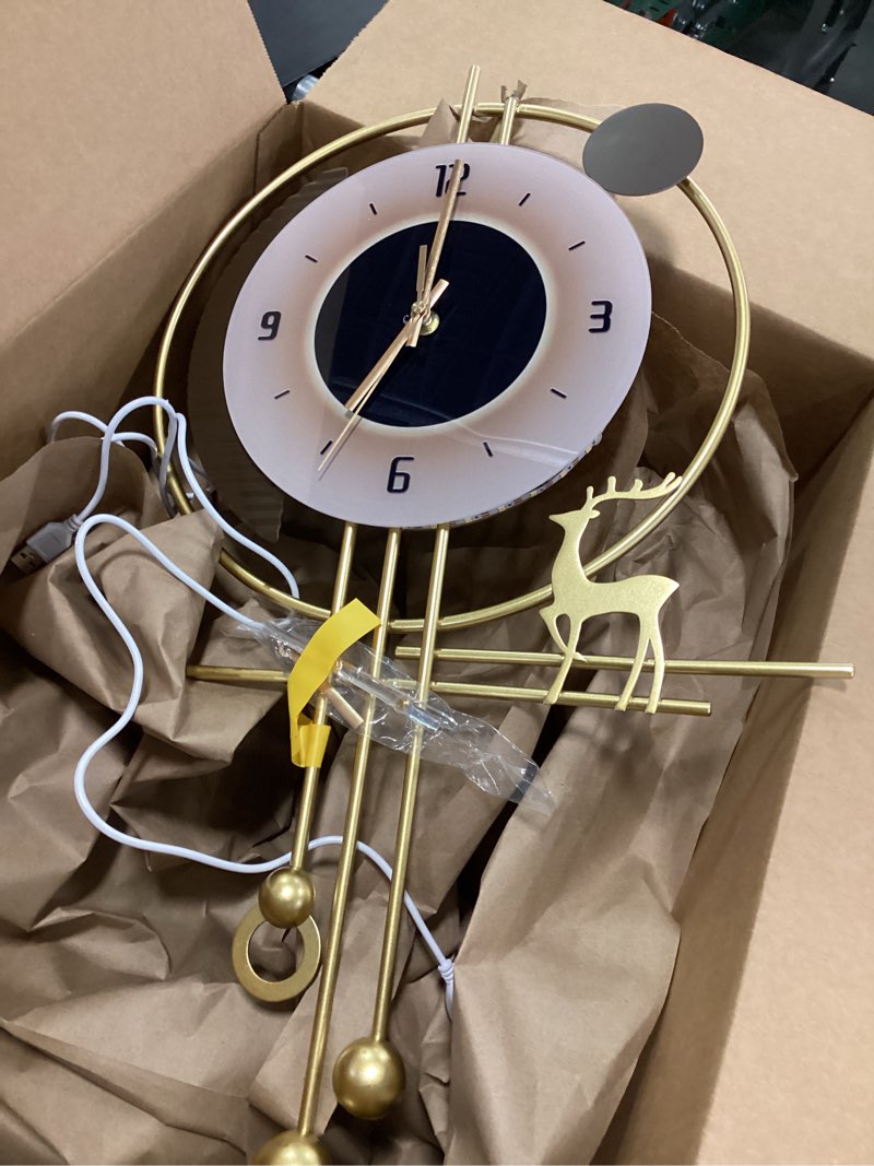 Condition photo showing As Is for Modern Wall Clock for Living Room,Large Gold Decorative Wall Clock with Light,Creative Silent Clock Battery Operated for Kitchen/Entryway/Bedroom/Office/Dinning Room Metal Wall Decor 13''Lx27''W