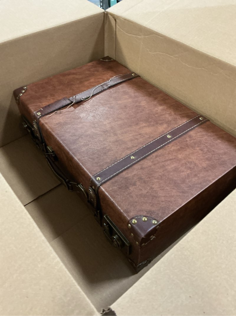 Condition photo showing As Is for feilario Vintage Leather Storage Trunk Small Portable Decorative Luggaage Suitcase Movie Prop Luggage-2Size Option (Brown, S/L Set) Brown-S/L Set