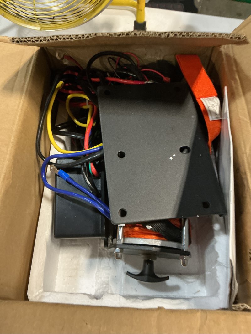 Condition photo showing As Is for 2500 lb atv/utv winch kit, 12v electric winch with synthetic rope, wireless & wired remote, mounting plate for off-road trailer, boat, rv towing 2500 lb - synthetic rope