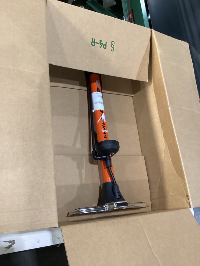 Condition photo showing Good Condition for schwinn air center series or basic floor pump, for a range of bikes, 100, 120 or 160 psi, soft grip handle, dual head for schrader and presta valves, manual air pump air center plus orange