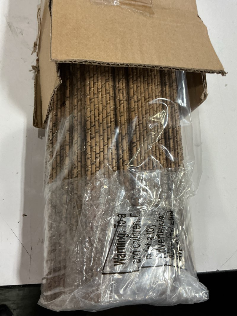 Condition photo showing New/Like New for lazblinds no drill cordless bamboo roman shades, light filtering blinds for indoor windows, roll up bamboo blinds for home, 20" w x 64" h, star-brown star-brown 20"w x 64"h