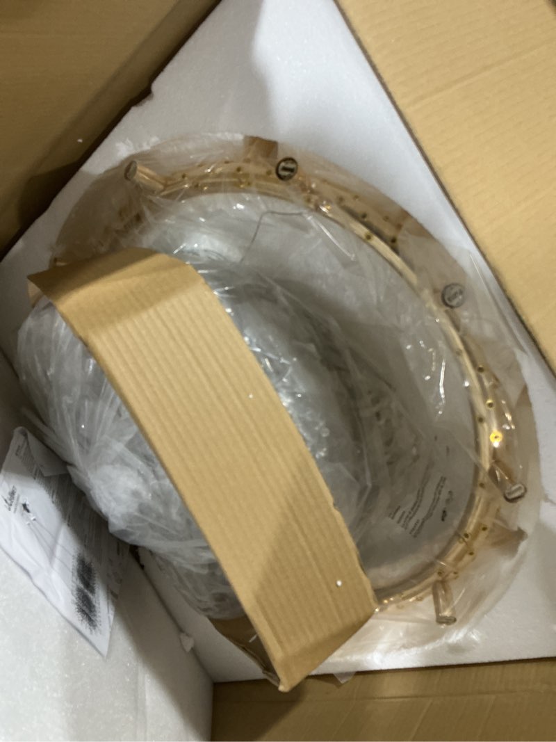 Condition photo showing Good Condition for Wellmet Firework Chandelier 38 inch, Modern Crystal Chandelier Gold Wagon Wheel Light Fixture, Mid Century Round Ceiling Lighting for Dining Room, Foyer, Living Room, Bedroom, Hallway, Entryway Gold 38-Inch