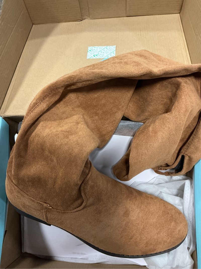 Condition photo showing Good Condition for women's synthetic suede over the knee flat heel thigh high boots | dressy casual thigh high boots,long tall knee high boots ,side zipper, tie-back top,fall,dating,outfit,weekend 8.5