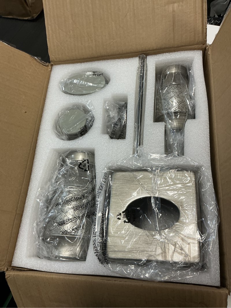 Condition photo showing New/Like New for creative scents dublin silver bathroom accessories set complete - brushed silver 6 piece bathroom set: toilet brush and holder, tissue cover, toothbrush holder, soap dispenser, tumbler & soap dish 6 piece set