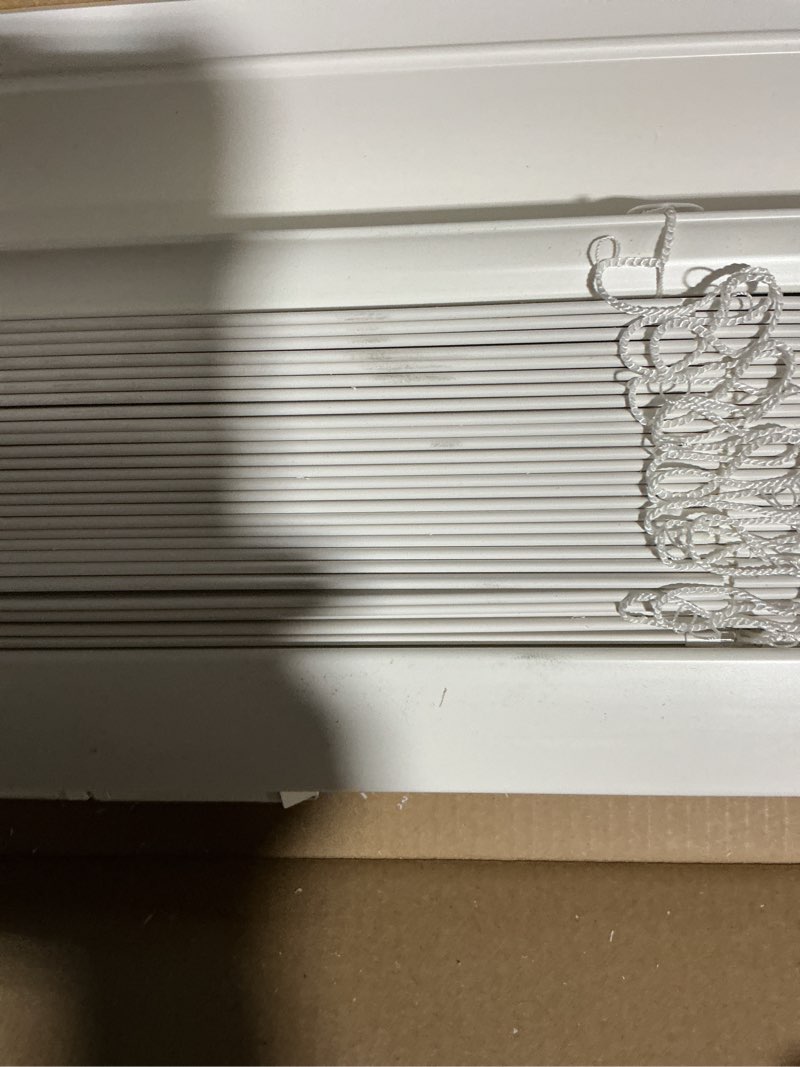 Condition photo showing As Is for levolor trim+go 2-in slat width 47-in x 48-in cordless white faux wood room darkening horizontal blinds