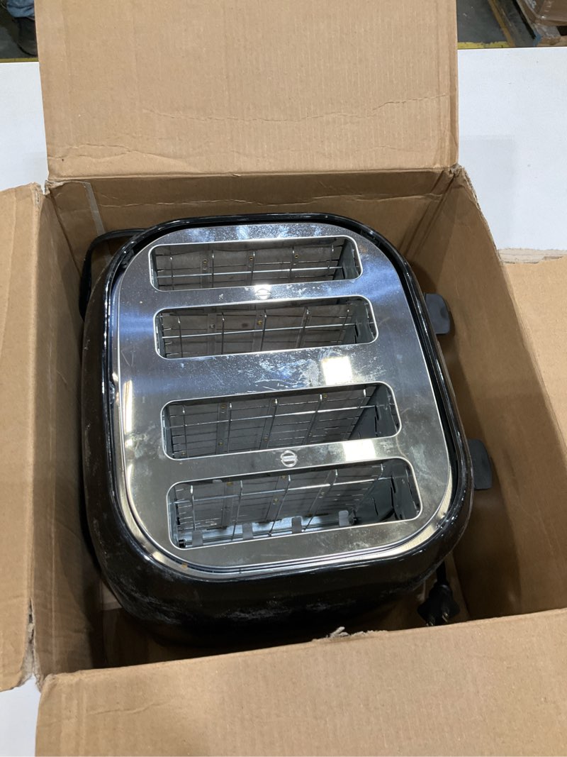 Condition photo showing As Is for BLACK+DECKER 4-Slice Toaster, Extra Wide Slots, 7 Shade Settings, 1400 Watts, Frozen and Bagel Buttons, Toast Shade Selector, Extra Lift 4-Slice Black