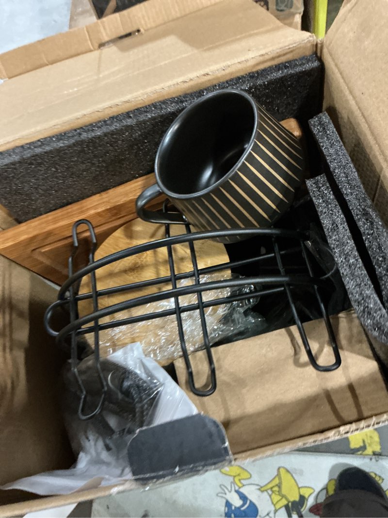Condition photo showing As Is for luka ceramic coffee espresso cups with saucers set with metal holder, 4 oz porcelain demitasse cups for espresso, latte, coffee, cafe mocha, tea, set of 6, stripe white & black 6-stripe white & black 4 oz