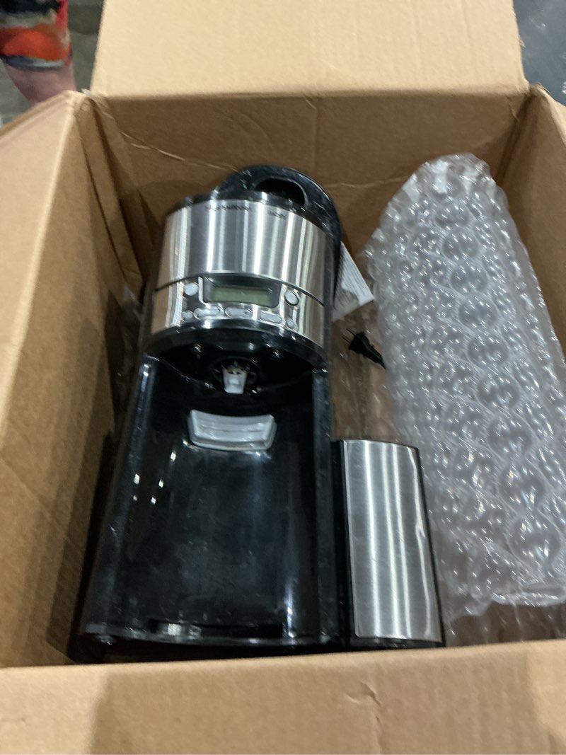 Condition photo showing As Is for hamilton beach one press programmable dispensing 12 cup coffee maker with internal coffee pot, stays warm and fresh for hours, 60 oz. removable reservoir, black & stainless steel (47950) black and silver