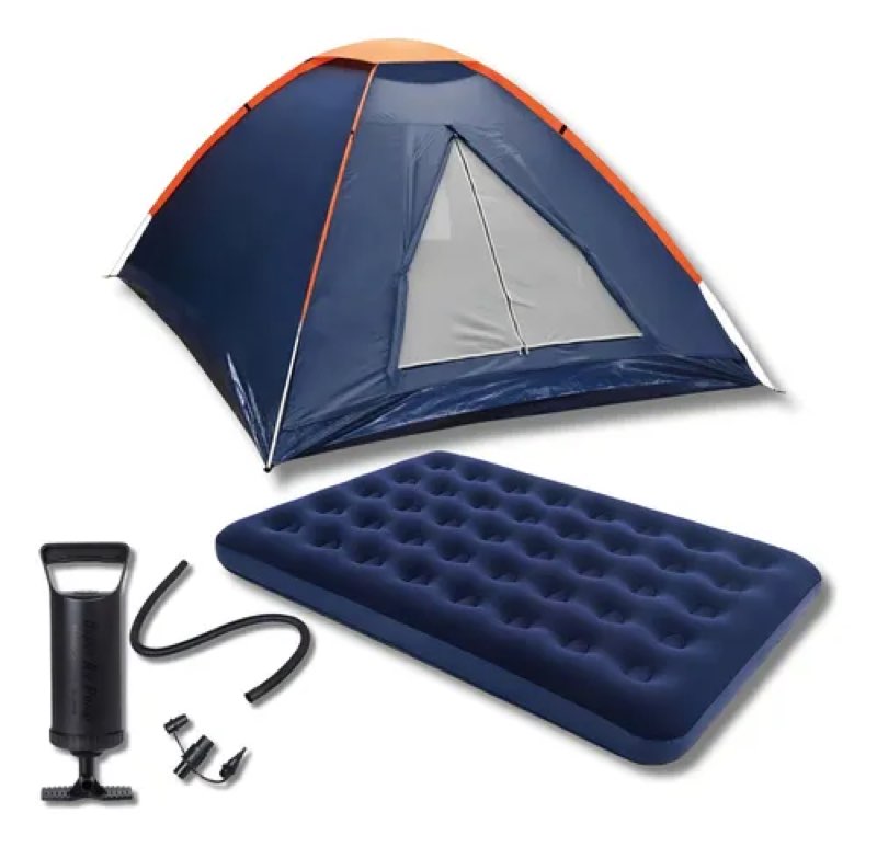 Kit: 1 tienda de campaña Iglu para 3 personas y 1 colchón inflable doble en azul y naranja
