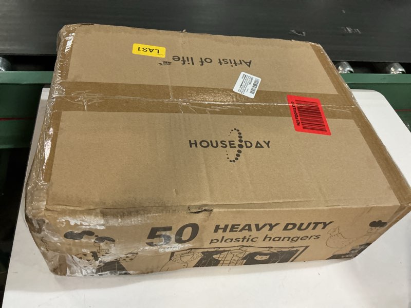Condition photo showing New/Like New for HOUSE DAY Heavy Duty Plastic Hangers 50 Pack, Non Slip Clothes Hangers with Rubber Grip and 360° Hook - Thin Plastic Hanger Space Saving - Coat Hanger Grey, Closet Organizer for Shirt, Pants, Suit 50 Pack Gray