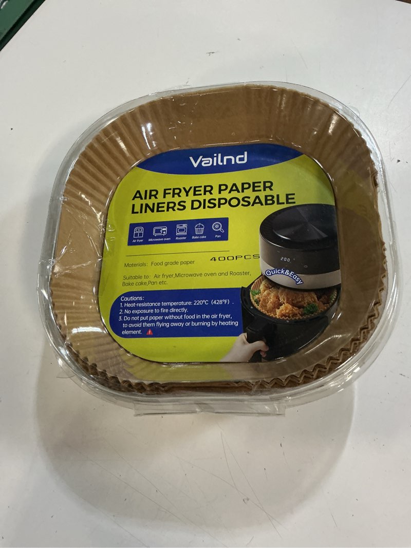 Condition photo showing New/Like New for 400 pcs air fryer liners disposable, 8" square heavy-duty parchment paper for 5-8 qt airfryer basket, non-stick & grease-proof baking liner for oven pan 8" square 400