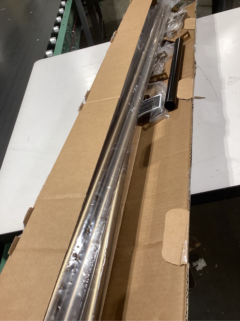 Condition photo showing As Is for ivilon window curtain rod end cap - 1 inch pole. 120 to 240 inch. warm gold 120 to 240 in.