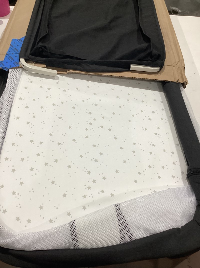 Condition photo showing As Is for fodoss baby bassinet bedside sleeper with wheels and storage tray,4-sided mesh bedside bassinet for infant/newborn,7 height adjustable easy folding bedside crib dark grey tweed