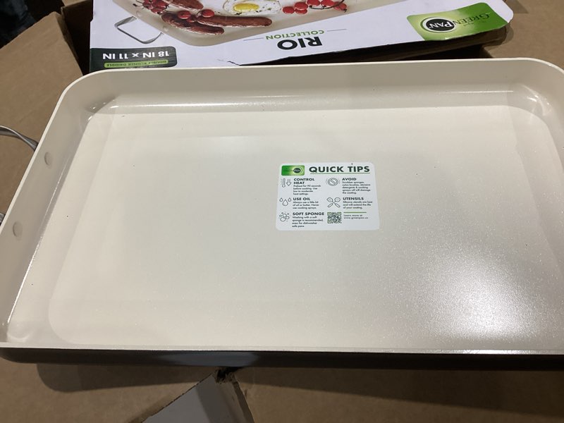 Condition photo showing Good Condition for greenpan 18" x 11" double burner griddle pan, hard anodized healthy ceramic nonstick pfas-free, stainless steel handles, stovetop cooking, dishwasher safe, oven & broiler safe cookware, black 18" x 11" x 2" black