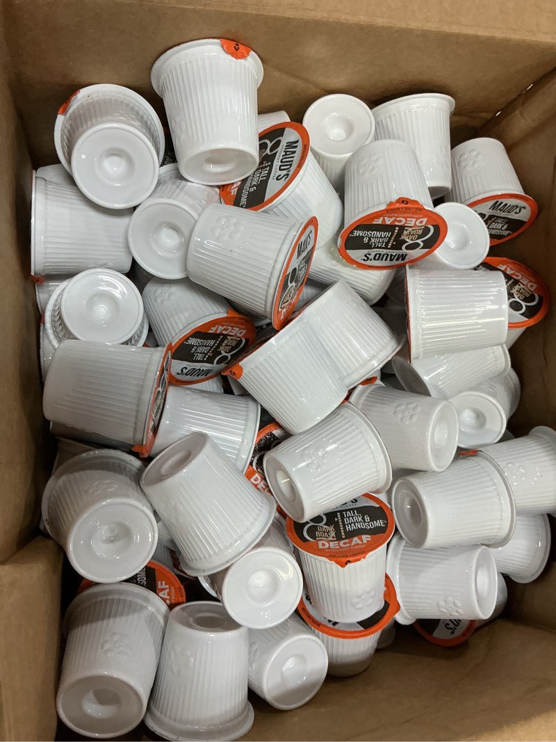 Condition photo showing New/Like New for best by/02/dec/2027)maud's decaf dark roast coffee pods, 100 ct, decaffeinated recyclable single serve pods – 100% arabica, compatible with keurig k cups maker decaf dark roast 100 count (pack of 1)