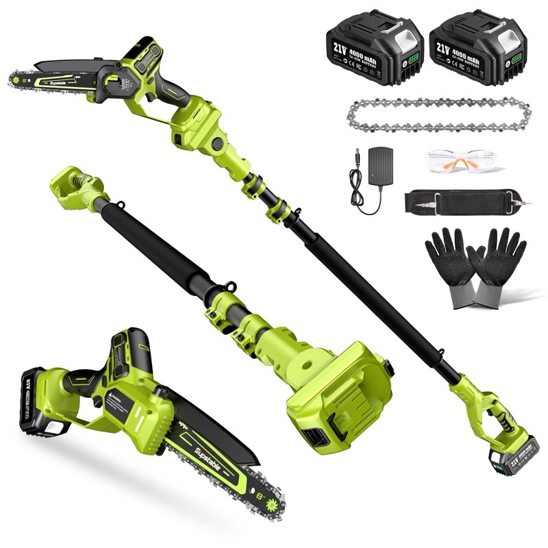 Electric Pole Saws for Tree Trimming, 8" & 6" Mini Chainsaw Cordless with Extension Pole & 2x4.0Ah Battery, 20V Brushless Pole Saw Battery Powered, 16 Ft Reach, Tree Trimmer Limb Branch Cutter Pruner