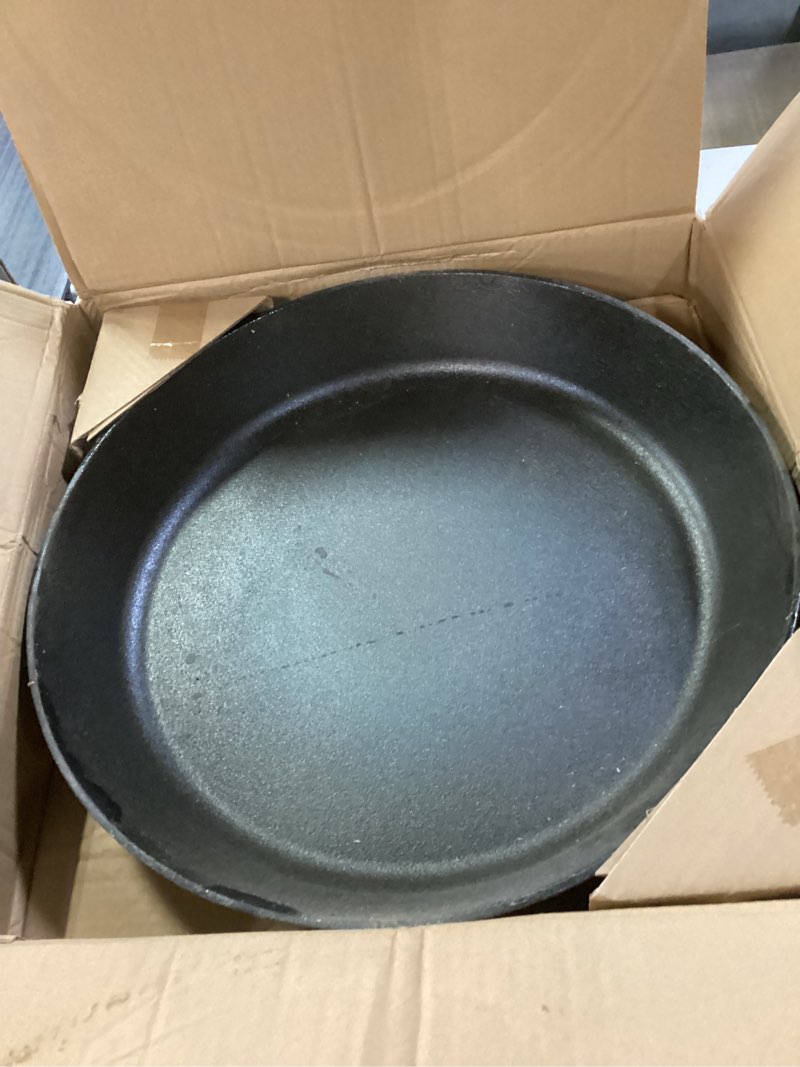 Condition photo showing As Is for Pre-Seasoned Large Cast Iron Skillet 17 Inch, Dual Handle Outdoor Camping Frying Pan, Pizza Pan, Use for Grill, Stovetop, Induction, Oven Safe Cookware