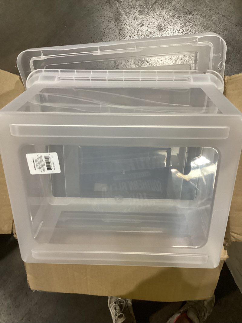 file tote with snap lid and built in handles, letter/legal size, 18" x 14 1/4" x 10-7/8", clear