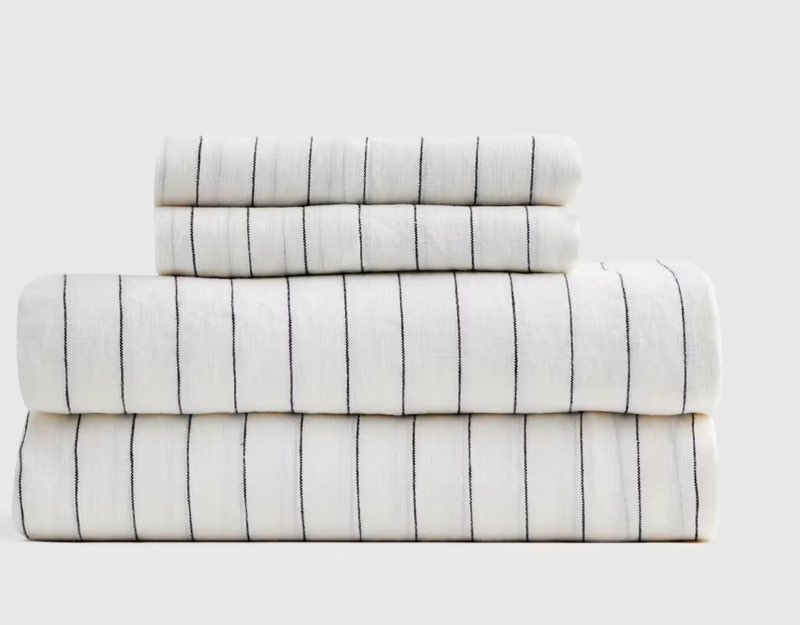 Quince European Linen Stripe Sheet Set, king, ivory/blue