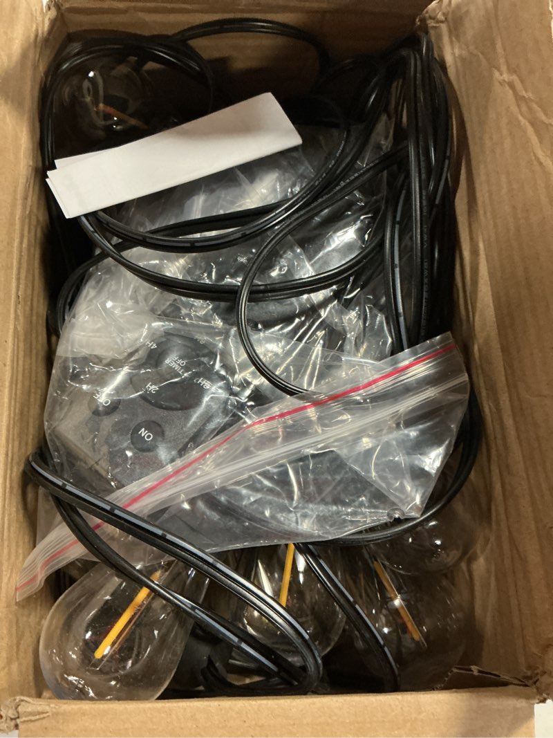 Condition photo showing As Is for addlon 50ft led outdoor string lights with remote waterproof patio lights with 16 shatterproof st38 replaceable bulbs(1 spare), dimmable outside hanging light connectable for porch, backyard