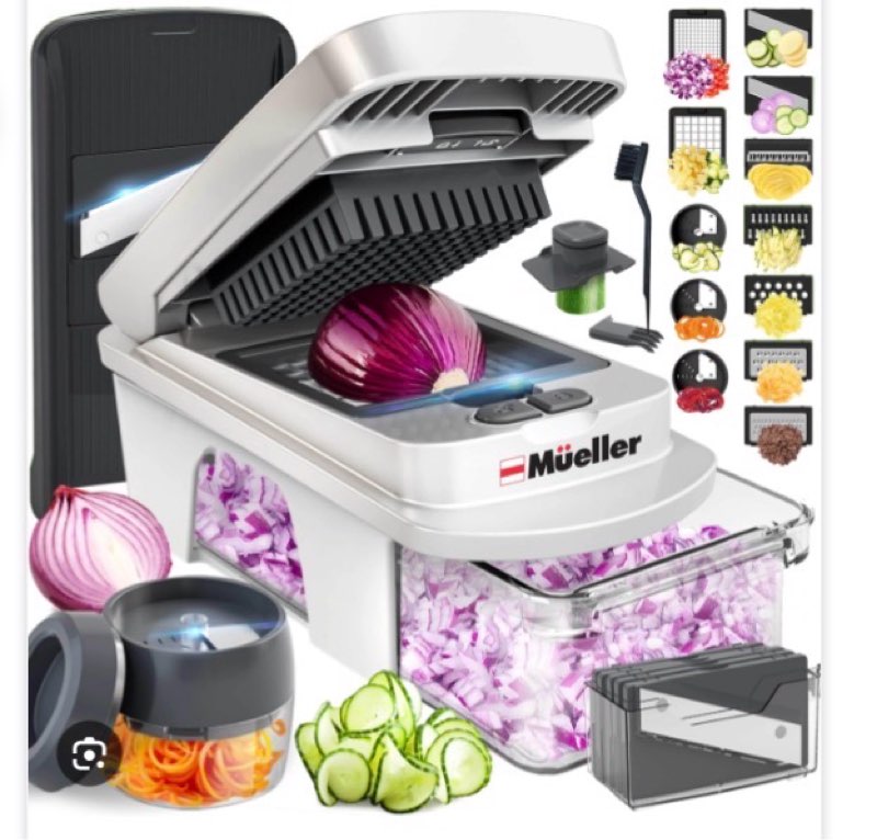 Mueller Pro-Series All-in-One, 12 Blade Mandoline Slicer for Kitchen, Food Chopper, Vegetable Slicer and Spiralizer, Cutter, Dicer, Grater, Kitchen Gadgets Sets with Container, White Sand/Gray