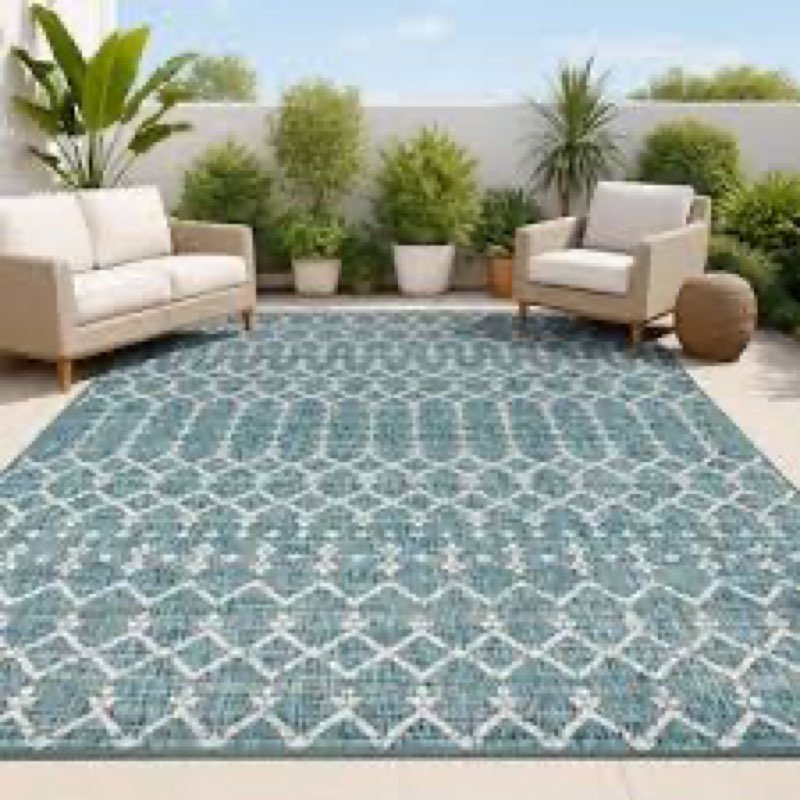 (Similar )JONATHAN Y Moroccan Geometric Indoor Outdoor Area Rug 5X8 Teal/Gray, Ourika Textured Weave for Backy