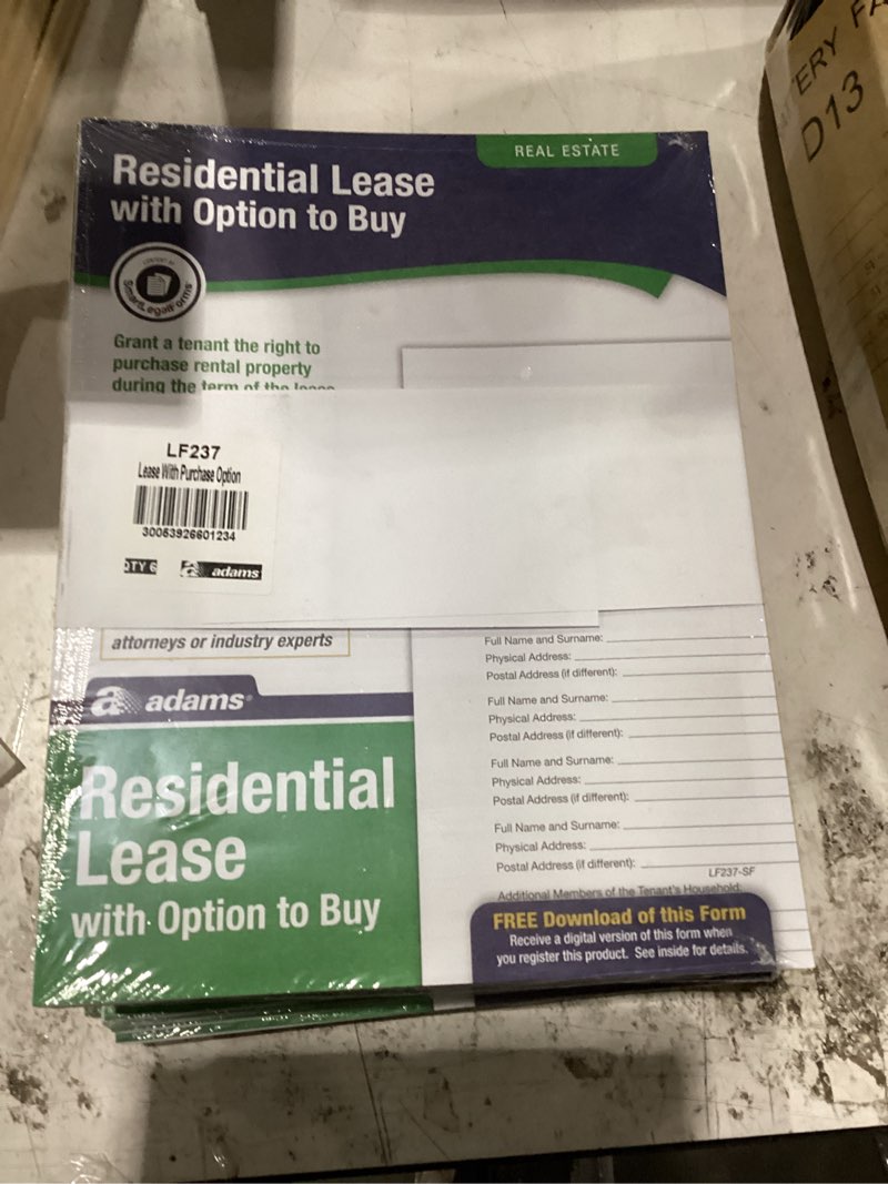 Condition photo showing New/Like New for adams lease with purchase option forms, includes downloadable, fillable digital forms, white (lf237)